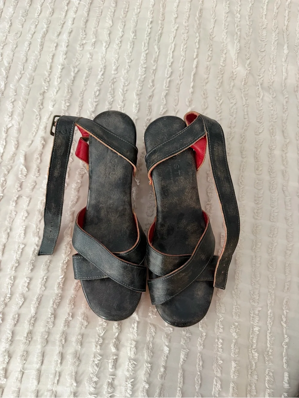 BED STU Black Leather Platform Sandals with Wooden Block Heel